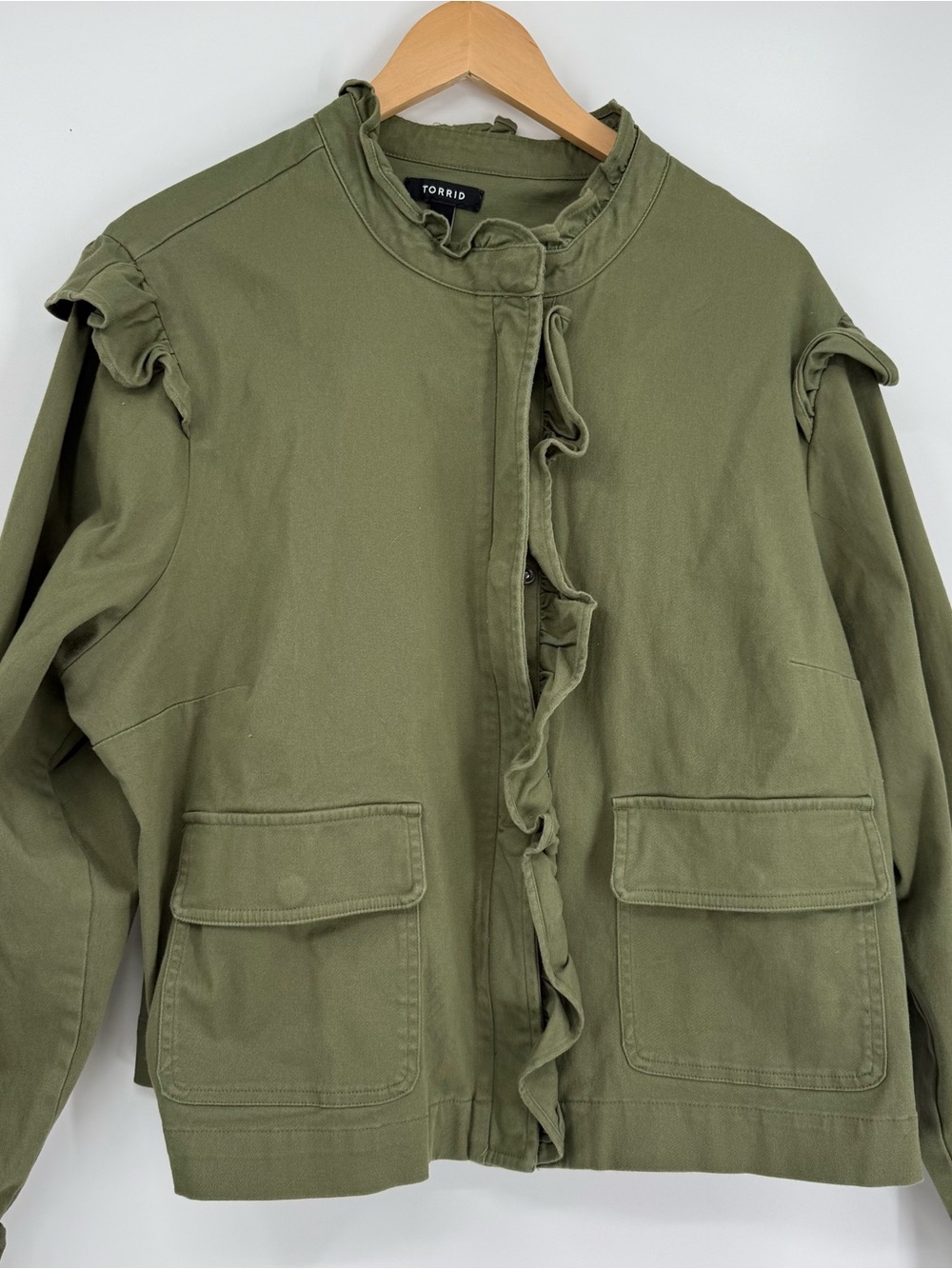 Torrid Olive green Twill Ruffle Utility Jacket Size 2X Military Moto Women - Picture 7 of 11